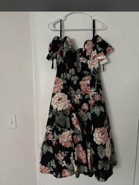 Vintage Black Floral Off-Shoulder Dress - Pink & Green Blooms